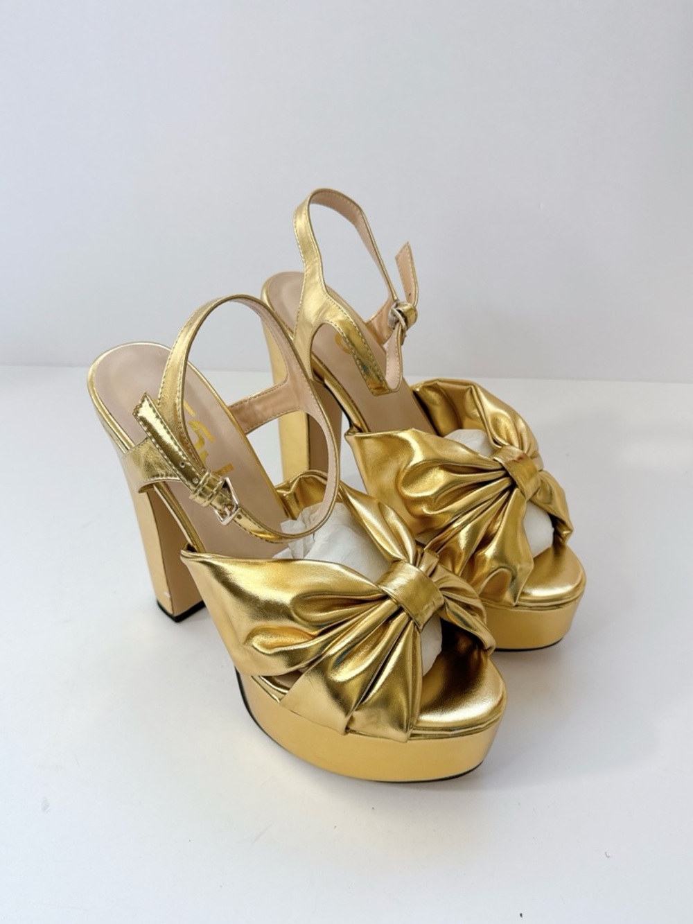 Size 7 FSJ Gold Bow Platform Heels Women’s Metallic Slingback Pumps Party Shoes - Picture 2 of 14